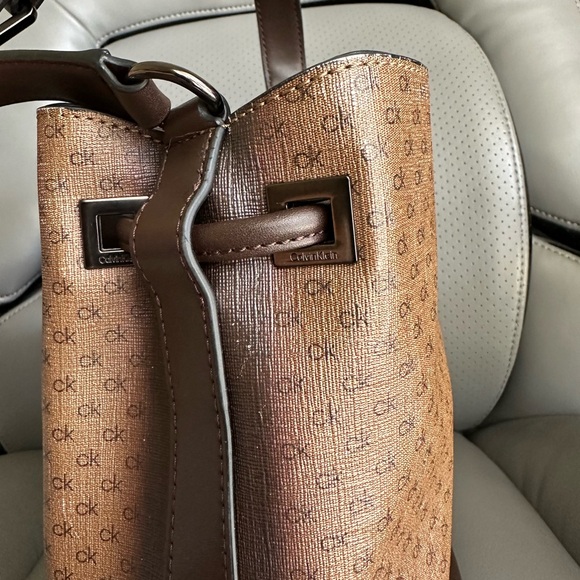 Calvin Klein Coated Canvas w/Leather Bucket CrossbodyBag, Brown/Tan Color - Picture 9 of 13